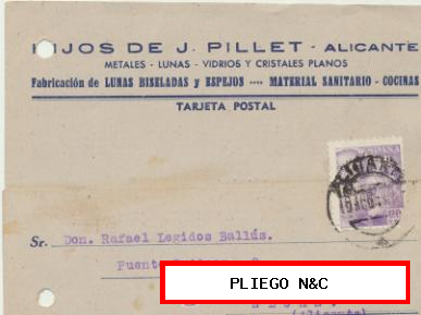 Tarjeta con Membrete de Alicante a Elche del 19 Agosto 1944. con Edifil 922