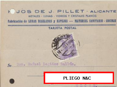 Tarjeta con Membrete de Alicante a Elche del 16 Agosto 1944. con Edifil 922