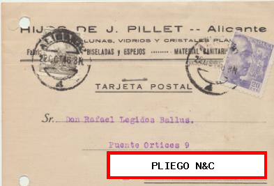 Tarjeta con Membrete de Alicante a Elche del 22 Octubre. 1946. Con Edifil 922