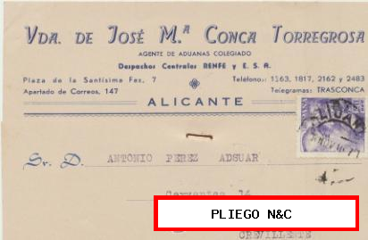 Tarjeta con Membrete de Alicante a Crevillente del 8 Nov. 1945. con Edifil 922