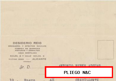 Tarjeta con Membrete de Alicante a Crevillente del 19 Ene. 1945. con Móvil 25 cts. ro. jo al dorso