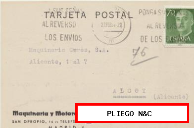 Tarjeta con Membrete de Madrid a Alcoy del 27 Febre. 1964. con Edifil 1151