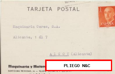 Tarjeta con Membrete de Madrid a Alcoy del 13 Sept 1967. con Edifil. 1153