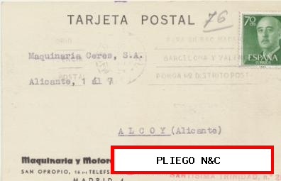 Tarjeta con Membrete de Madrid a Alcoy del 7 Febre. 1966. con Edifil 1151