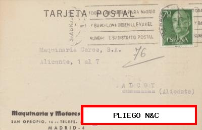 Tarjeta con Membrete de Madrid a Alcoy del 30 Abril. 1963. con Edifil 1151