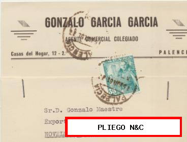 Tarjeta con Membrete de Palencia a Novelda del 14 Junio 1951. Con Edifil 1026