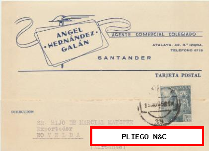 Tarjeta con Membrete de Santander a Novelda del 13 Agos. 1958. con Edifil 924