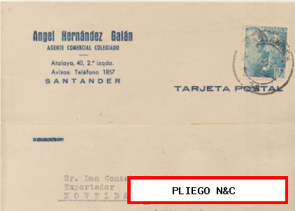 Tarjeta con Membrete de Santander a Novelda del 23-10-1953. con Edifil 1050