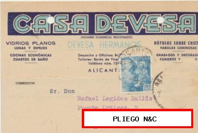 Tarjeta con Membrete de Alicante a Elche del 20 Dici. 1950. con Edifil 924