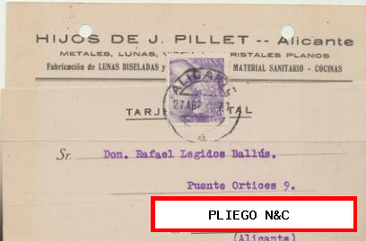 Tarjeta con Membrete de Alicante a Elche del 27 abril 1942. con Edifil 922