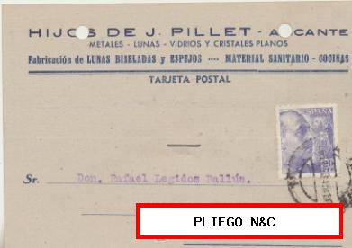 Tarjeta con Membrete de Alicante a Elche del 14 Agosto 1945. con Edifil 922