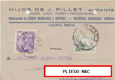 Tarjeta con Membrete de Alicante a Crevillente del 4 Mayo. 1948. con Edifil 922 y 918