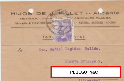 Tarjeta con Membrete de Alicante a Elche del 149 Dic. 1941. con Edifil 922