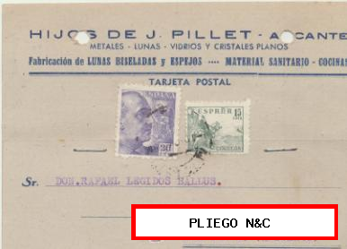 Tarjeta con Membrete de Alicante a Elche del 3 Dici. 1947. con Edifil 918 y 922