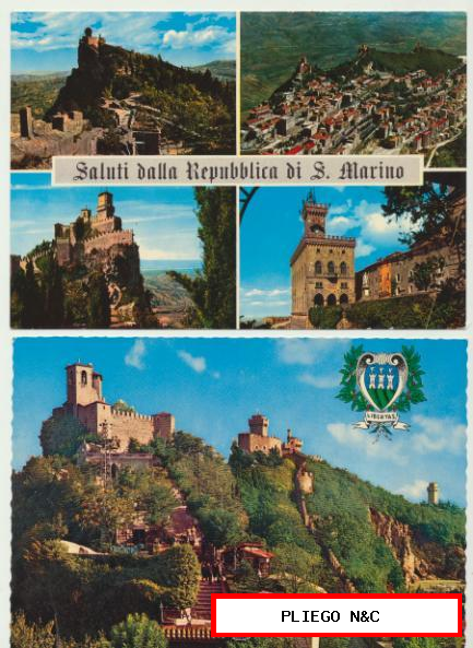 San Marino-Lote de 2 postales. Bonito franqueo al dorso