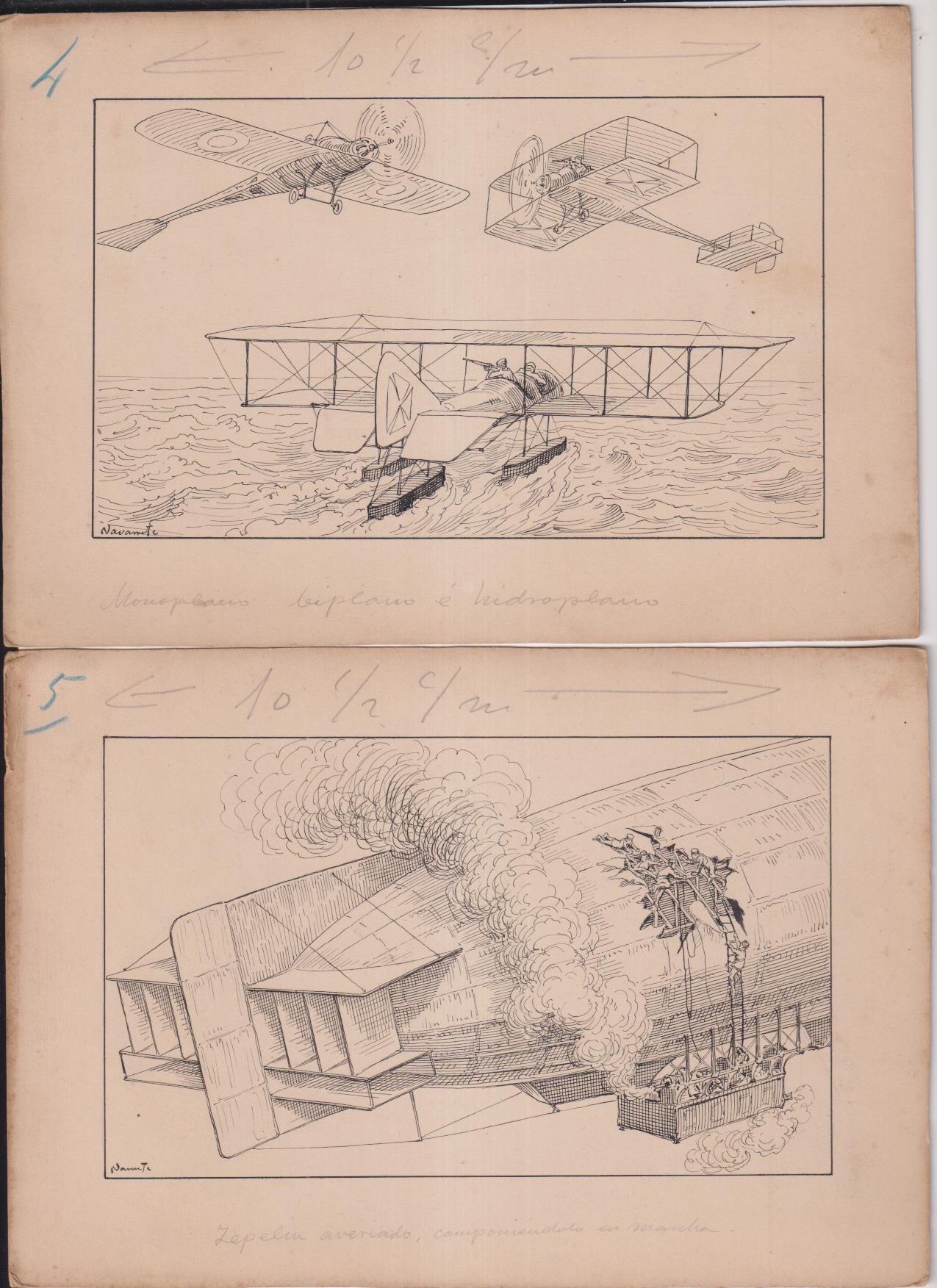 La Guerra en el Aire. 7 Dibujos Originales (21x15) de los Cromos.: 2,3,4,5,6,7,8. de una serie de 10, dibujado por Navarrete circa 1920