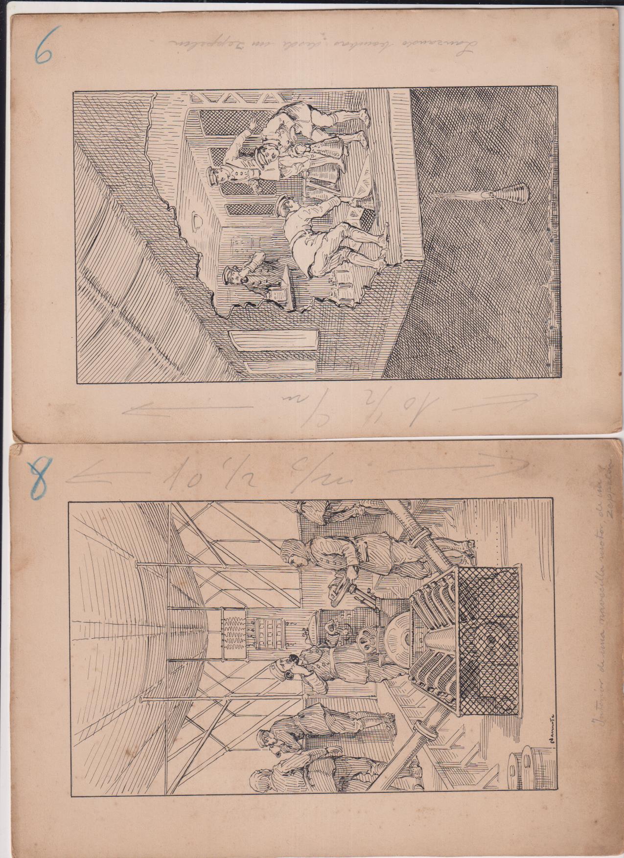 La Guerra en el Aire. 7 Dibujos Originales (21x15) de los Cromos.: 2,3,4,5,6,7,8. de una serie de 10, dibujado por Navarrete circa 1920