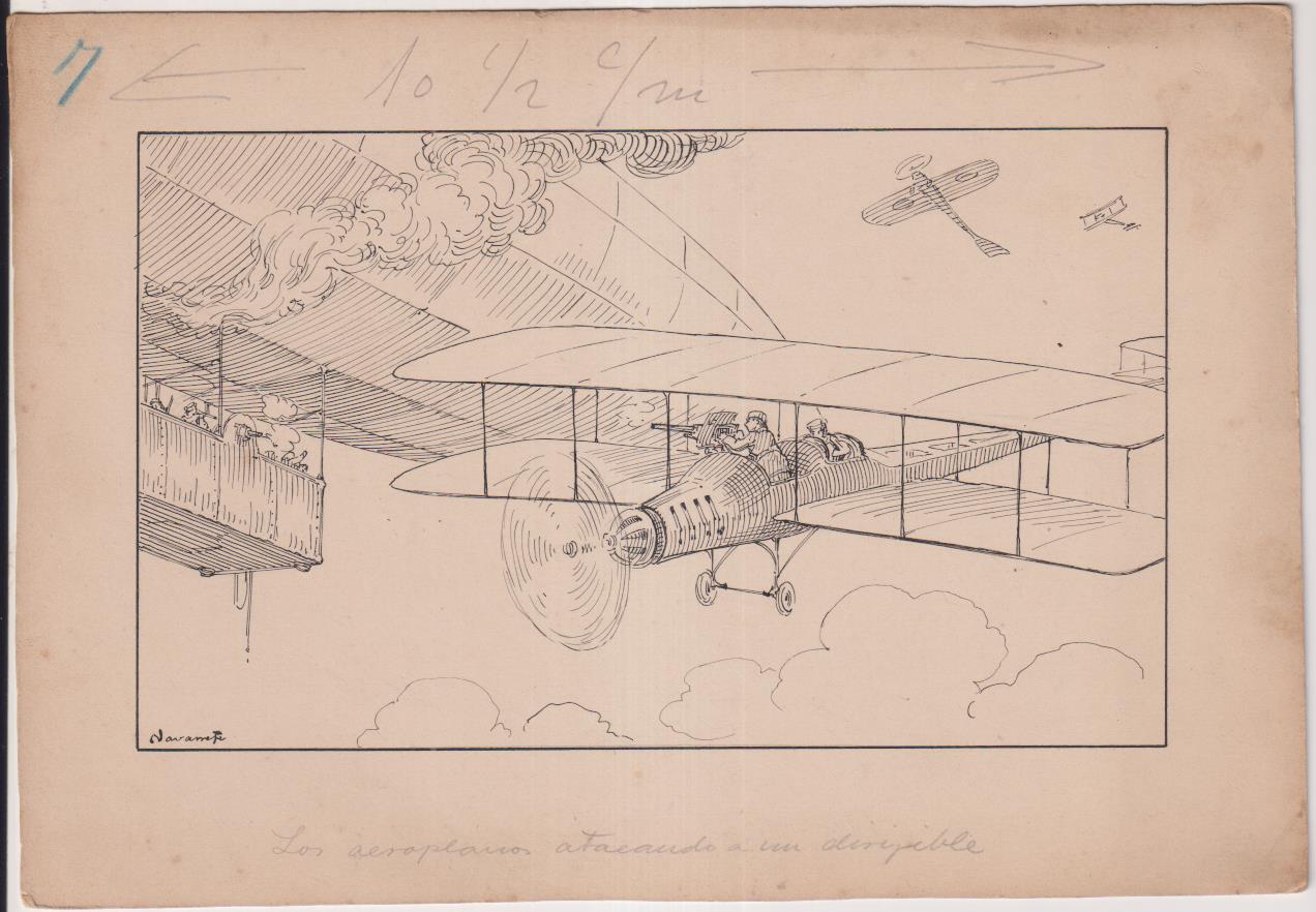 La Guerra en el Aire. 7 Dibujos Originales (21x15) de los Cromos.: 2,3,4,5,6,7,8. de una serie de 10, dibujado por Navarrete circa 1920