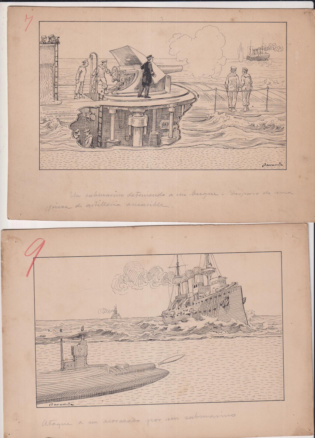 La Guerra en el Mar. 6 Dibujos Originales (21x15) de los Cromos.: 3,4,5,6,7,9, de una serie de 10, dibujado por Navarrete circa 1920. Raro