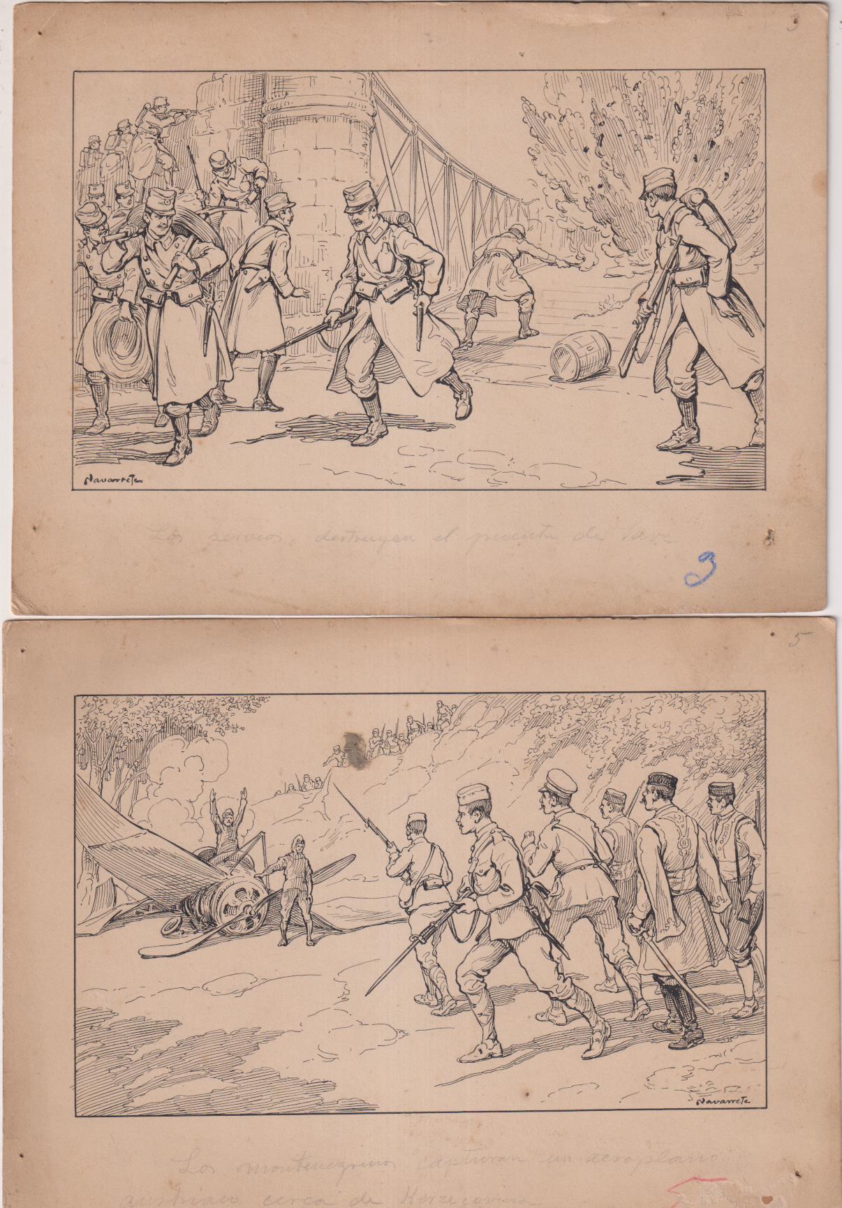 Austria contra Serbia. 8 Dibujos originales (20,5x15 cms.)