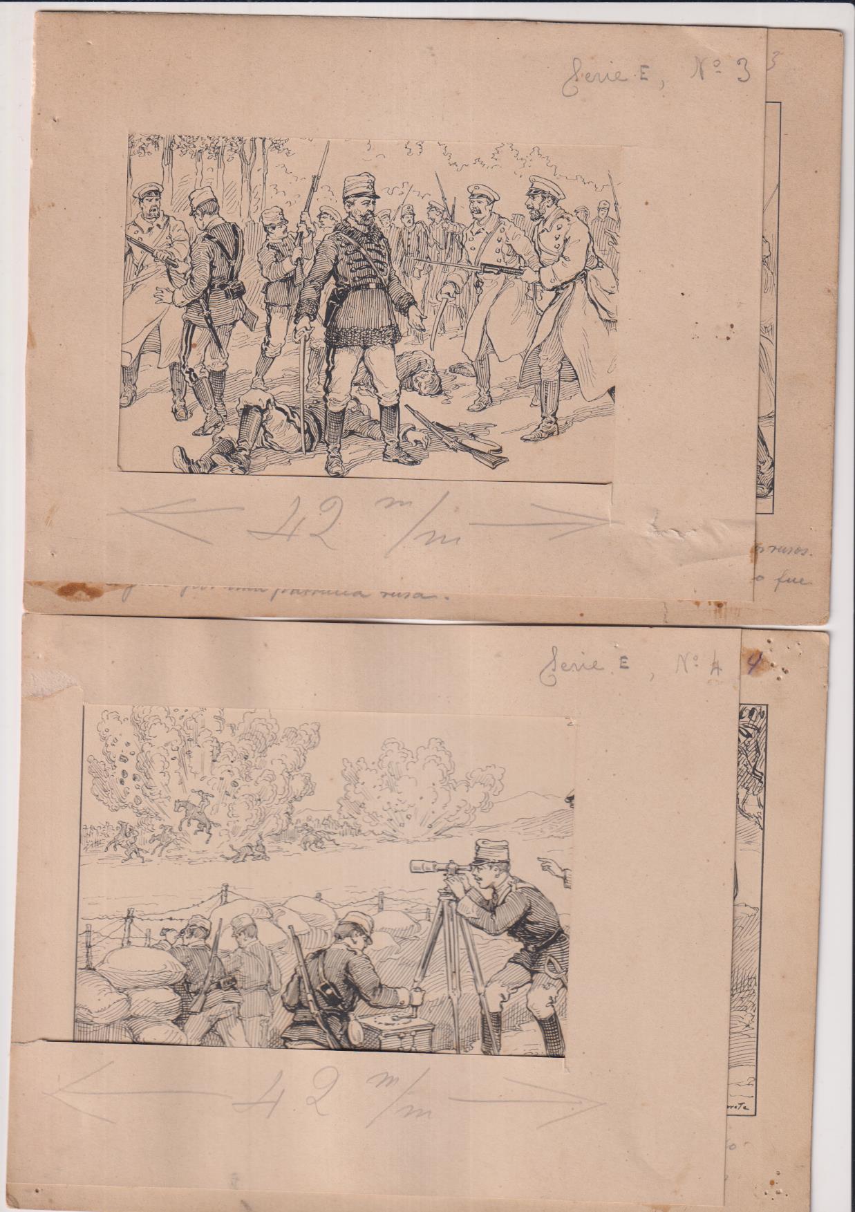 Rusia Contra Austria en los Cárpatos. 10 dibujos originales (19,5x15 cms.) de Navarrete. Serie completa. Circa 1920. RARA