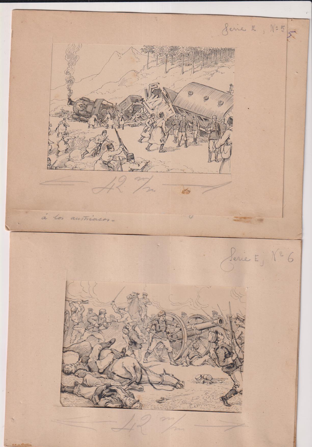Rusia Contra Austria en los Cárpatos. 10 dibujos originales (19,5x15 cms.) de Navarrete. Serie completa. Circa 1920. RARA