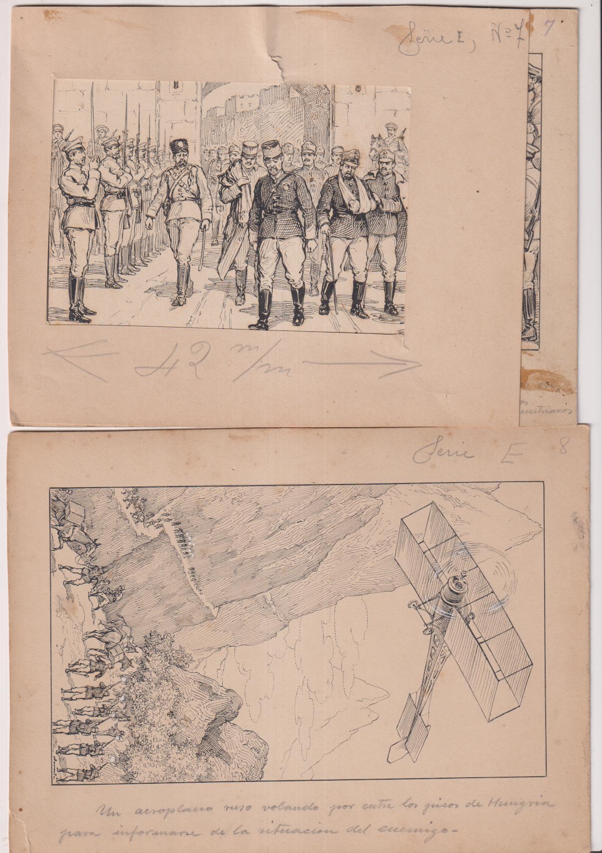 Rusia Contra Austria en los Cárpatos. 10 dibujos originales (19,5x15 cms.) de Navarrete. Serie completa. Circa 1920. RARA