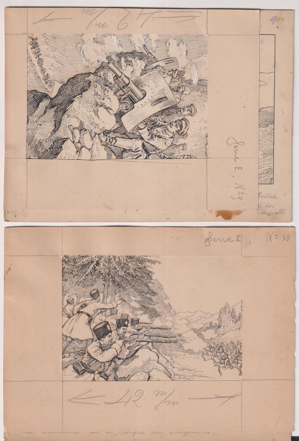 Rusia Contra Austria en los Cárpatos. 10 dibujos originales (19,5x15 cms.) de Navarrete. Serie completa. Circa 1920. RARA