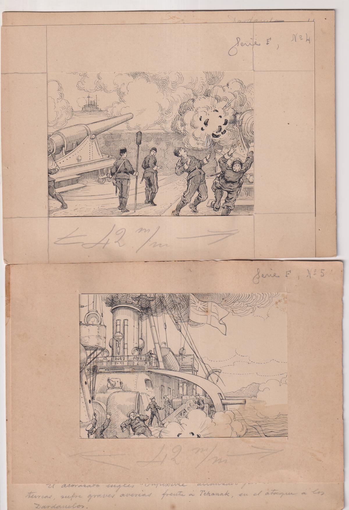 Inglaterra y Francia contra Turquía. 9 dibujos (19,5x14,5) originales de Navarrete para cromos