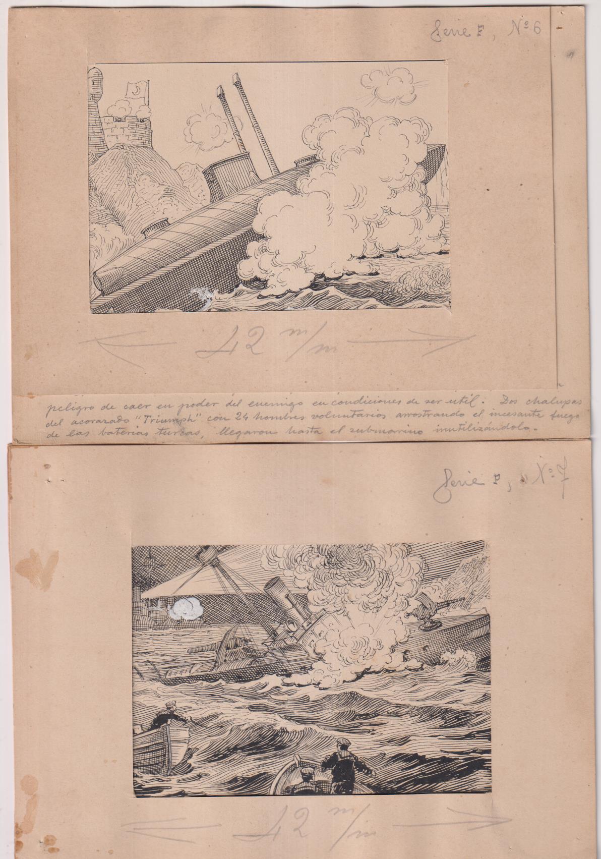 Inglaterra y Francia contra Turquía. 9 dibujos (19,5x14,5) originales de Navarrete para cromos