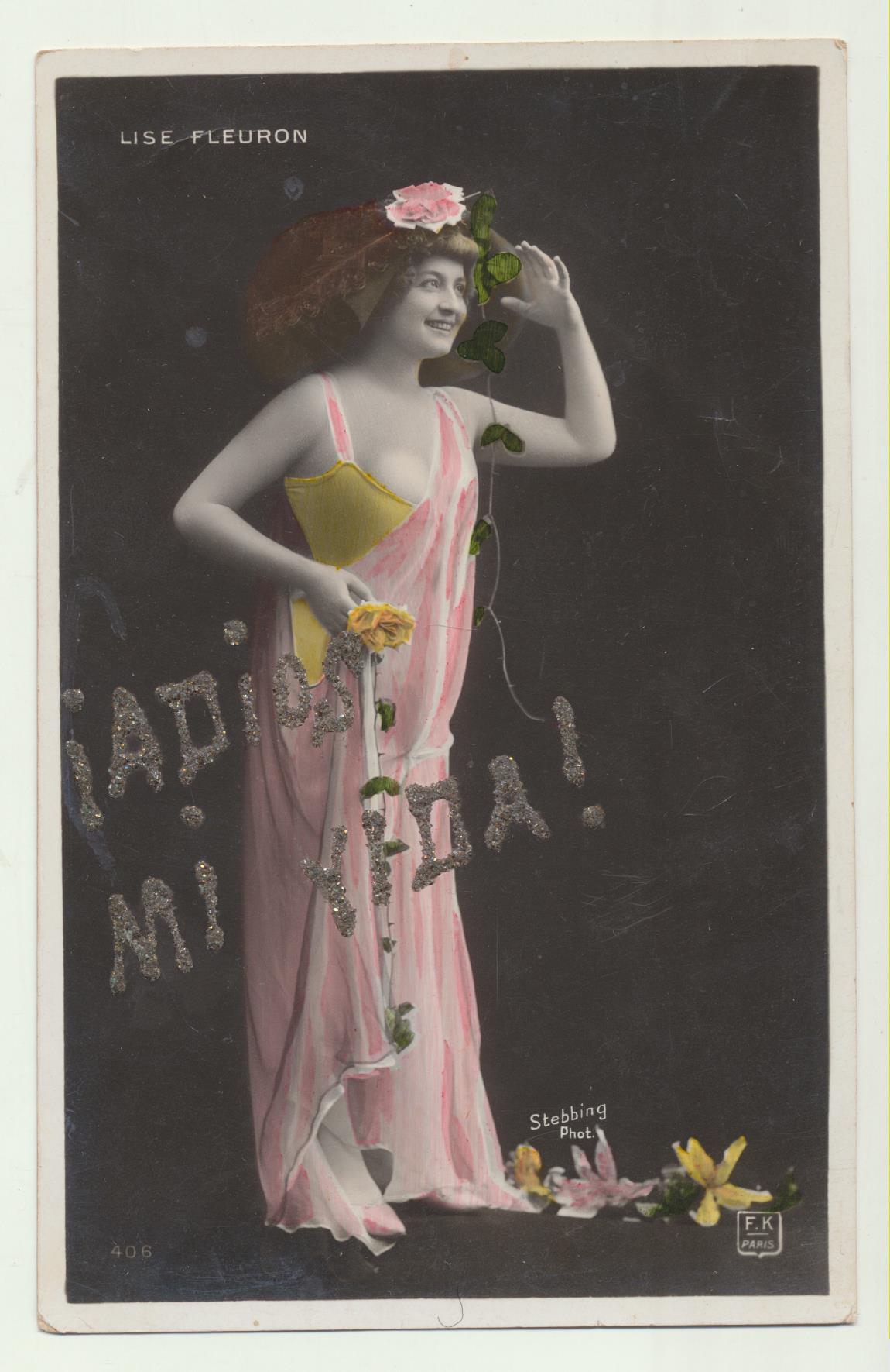 Lise Fleuron. Actriz Francesa. Postal con brillos. Fechada en Rio tinto en 1908