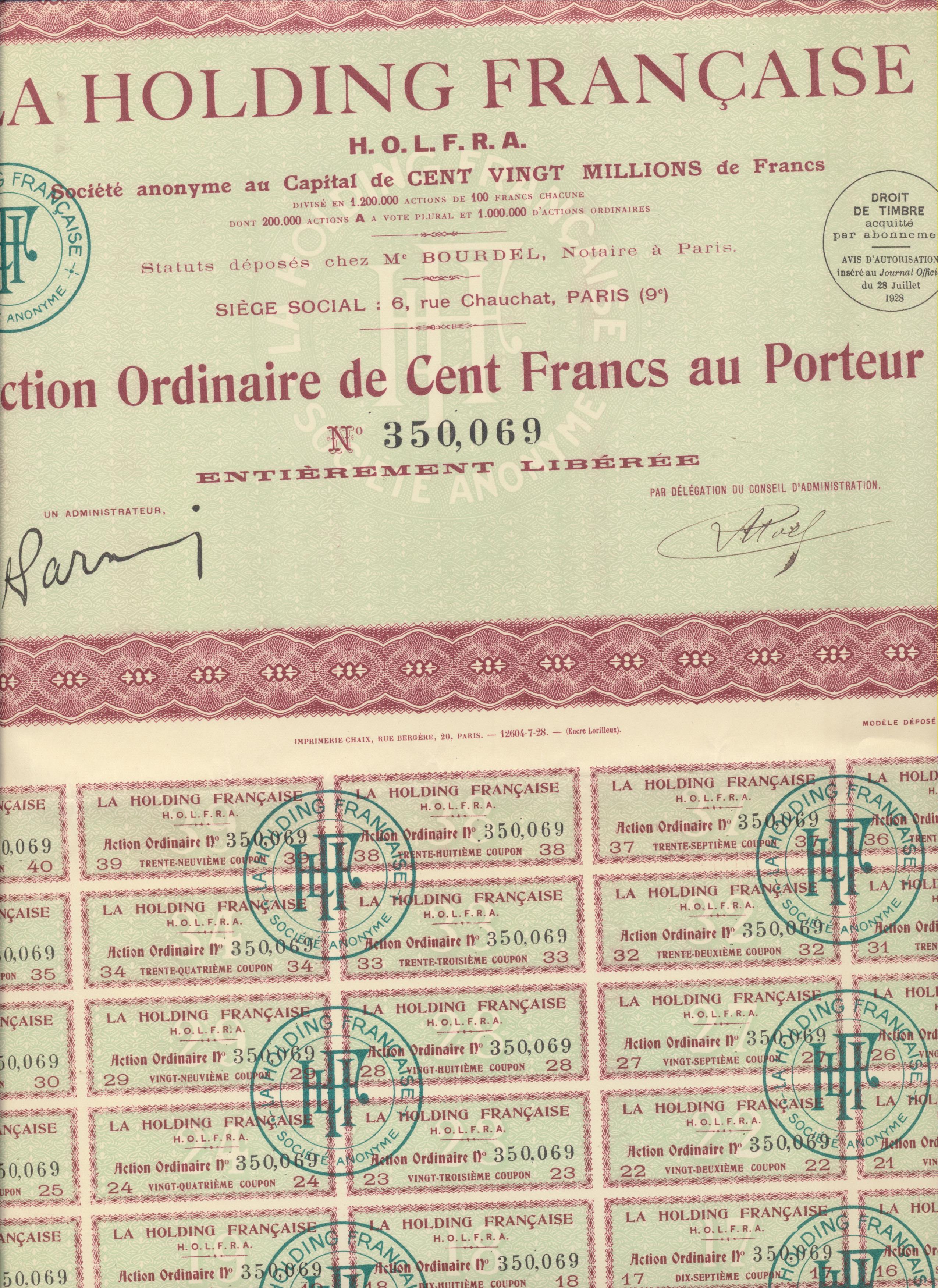 Acción Francesa. La Holding Française. Action de Cent Francs au porteur. Paris, 1928