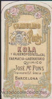 Granulado Pons. Kola y Glicerofosfato de Cal. Barcelona. Cromo Publicitario(8,5x4,5)
