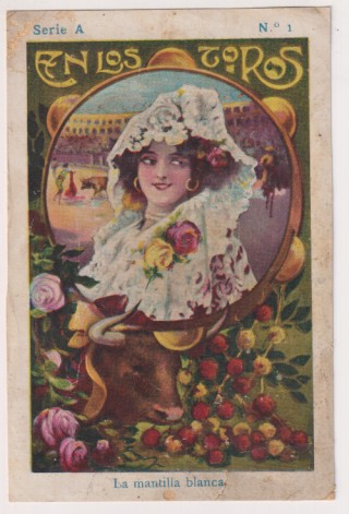 En los toros. La mantilla blanca. cromo serie A nº 1. Chocolates Jaime Box