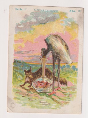Fábulas ilustradas. Cromo nº 12. la zorra y la cigüeña. Galletas Viñas