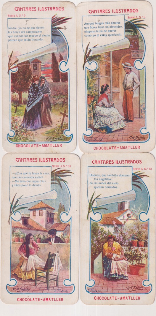 Lote de  Cromos (13,5x7 c.) Cantares Ilustrados de Chocolate Amatller. Serie A nº 5,6,10,12