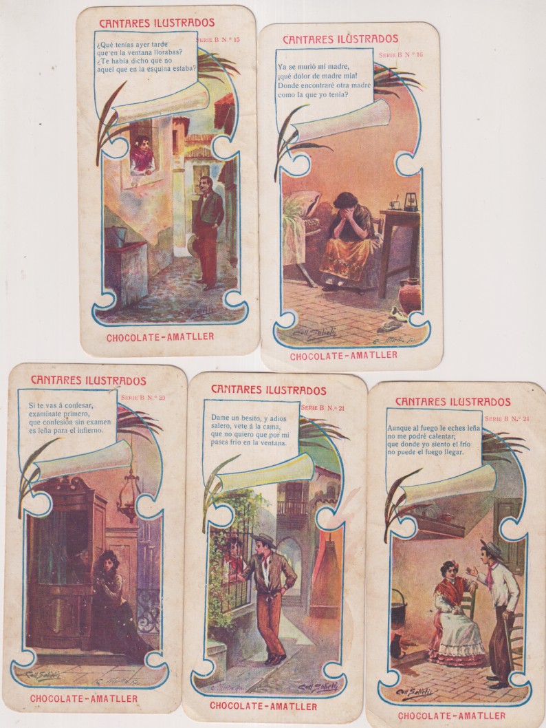 Lote de 5 Cromos (13,5x7 c.) Cantares Ilustrados de Chocolate Amatller. Serie B nº 15,16,20,21,24