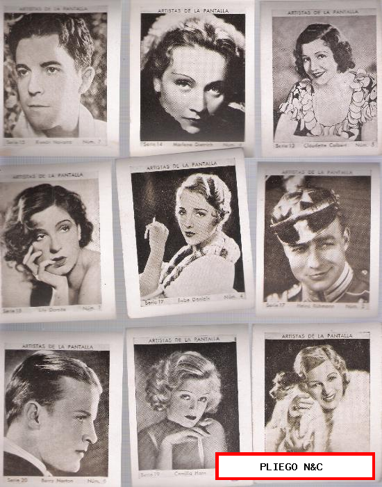 Álbum Cupón Peninsular. 1932. Artistas de la Pantalla Lote de 9 cromos diferentes