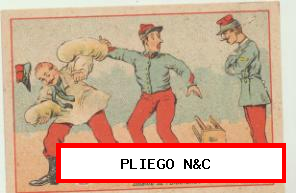 Cromo Publicitario. Bataille de Polochons (7x10) Cordonnerie Belge. M. Vignolle. Tarbes. Siglo XIX