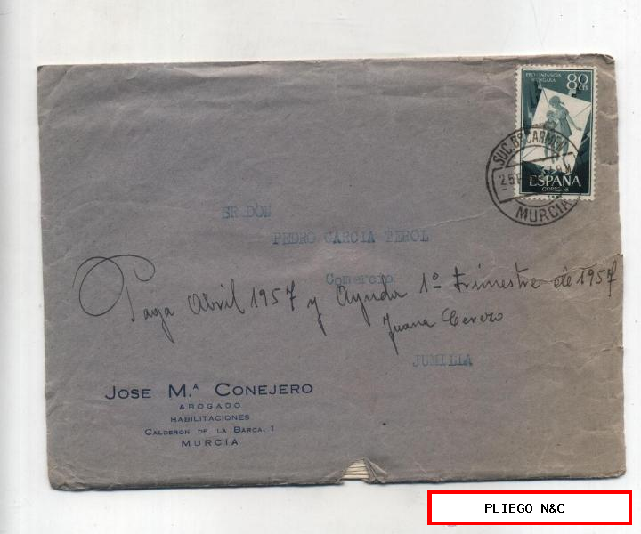 Carta con Membrete de Murcia a Jumilla del 25 Febrero 1957. con Edifil 1023