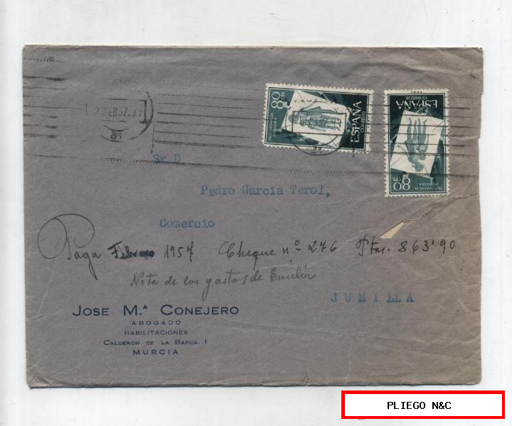 Carta con Membrete de Murcia a Jumilla del 25 Febrero 1957. con pareja de Edifil 1023
