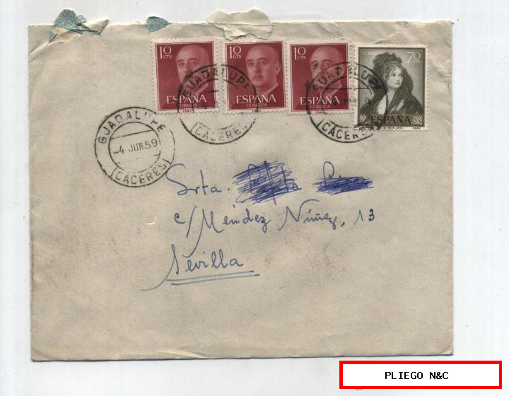 Carta de Guadalupe a Sevilla del 4 Jun. 1959. Con Edifil 1143 (3) y 1214. Fechador al dorso