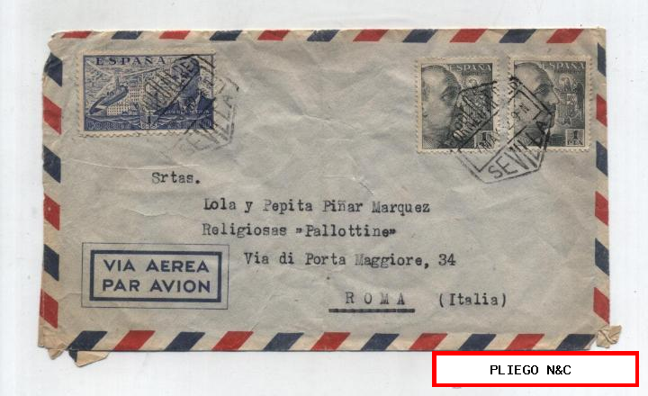 Carta de Sevilla a Roma del 17 Mayo 1952. Con Edifil 944 y pareja de 1056. Fechador de llegada al dorso