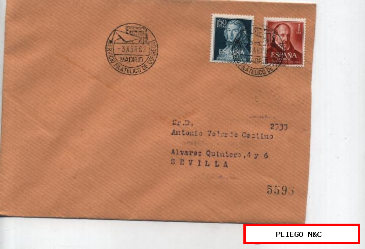 Carta de Madrid (Servicio filatélico de Correos) a Sevilla del 3 Abr. 1962. con Edifil 1329 y 1370 LUJO