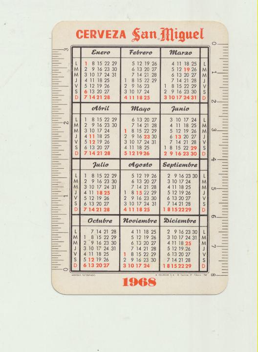 Calendario Fournier. Cerveza San Miguel 1968