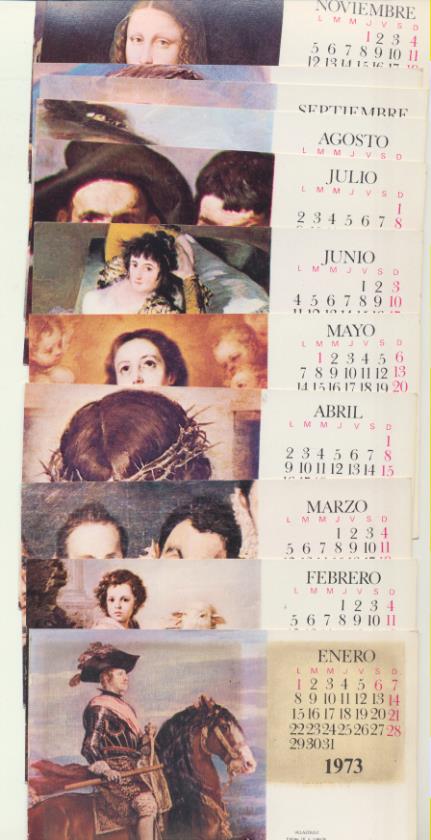 Calendario. Formado por 8 tarjetas (8x14 cms.) Con el mes y una obra de arte