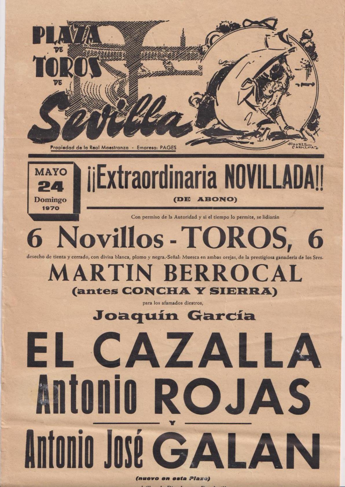 Cartel (45x21) Plaza de Toros de Sevilla 24 de mayo 1970. Extraordinaria Novillada