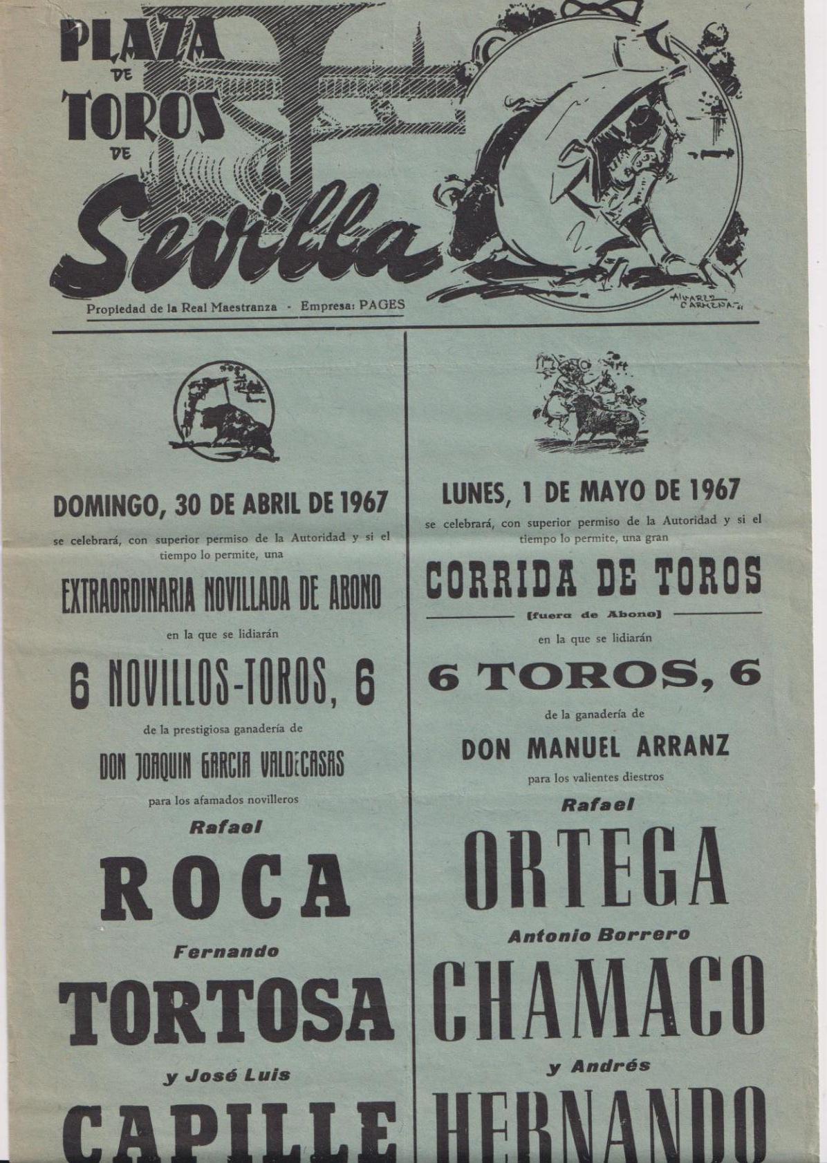 Cartel (45x21) Plaza de Toros de Sevilla 30 de Abril y 1 de mayo de 1967. Extraordinaria Novillada y Corrida de Toros