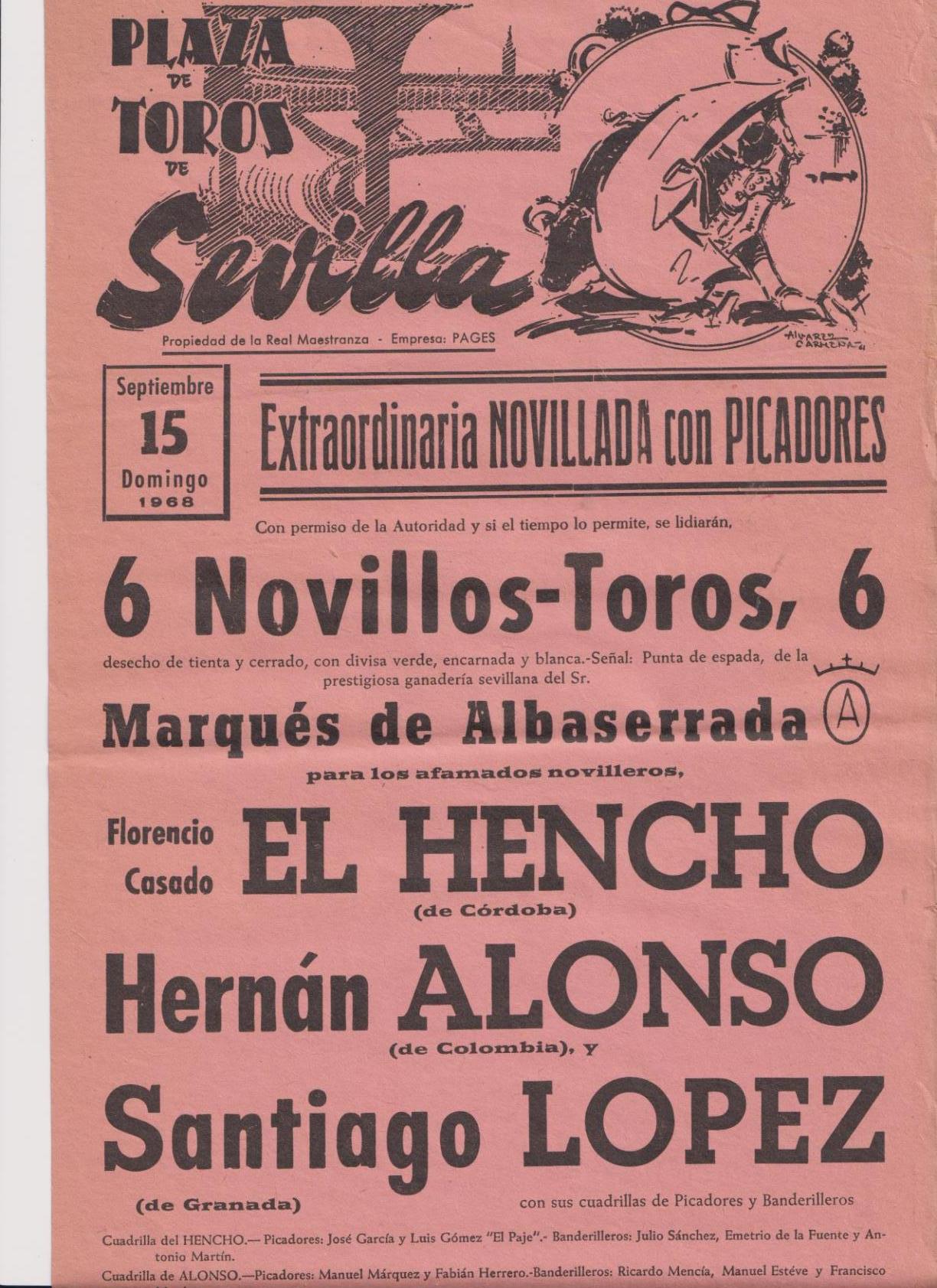 Cartel de Toros (45x21) Plaza de Toros de Sevilla 15 de Septiembre de 1968. Extraordinaria Novillada con Picadores