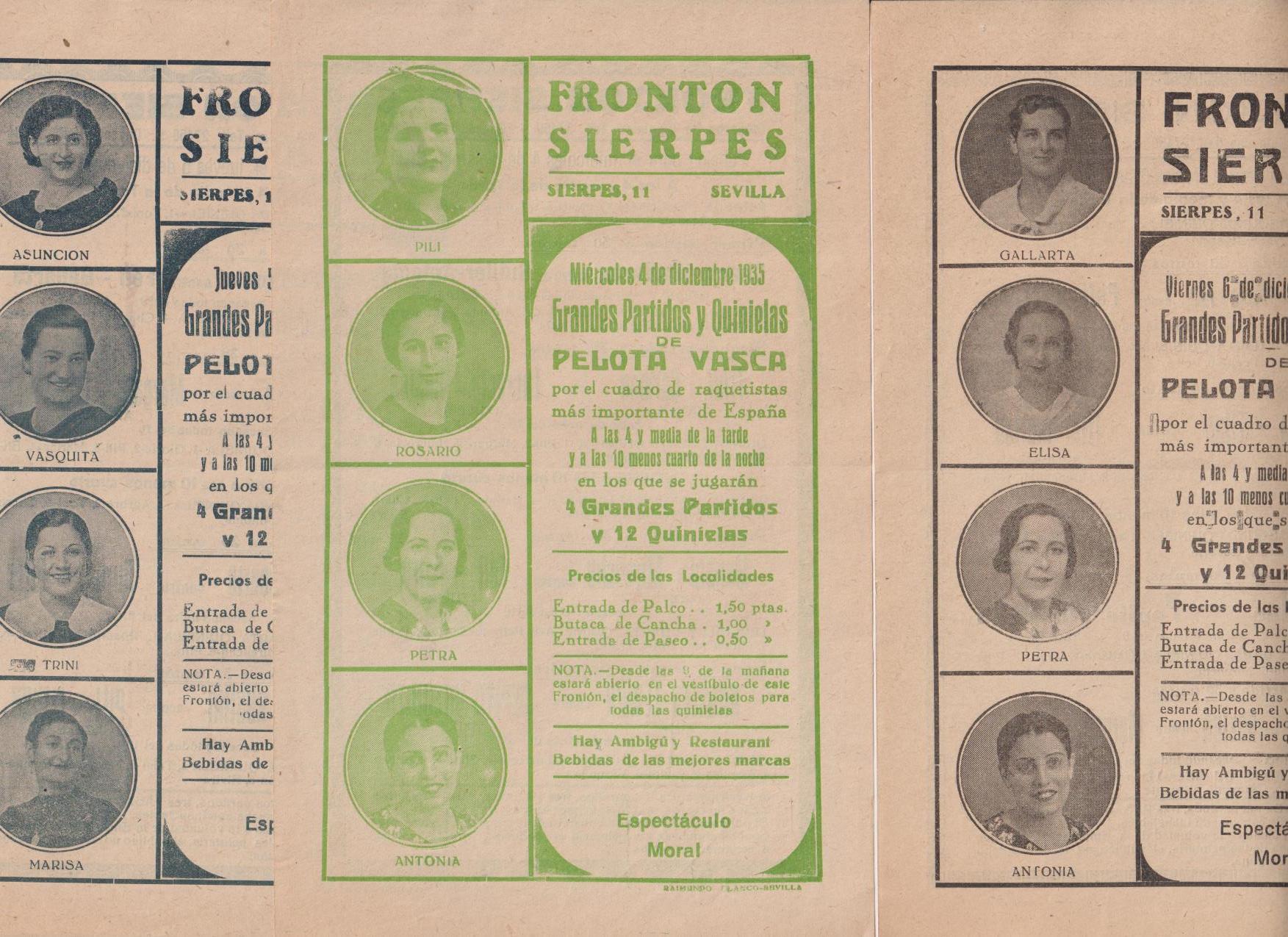 Frontón Sierpes. Lote de 3 Carteles de mano (22x14) Pelota Vasca. 4, 5 y 6 Enero 1935. Sevilla